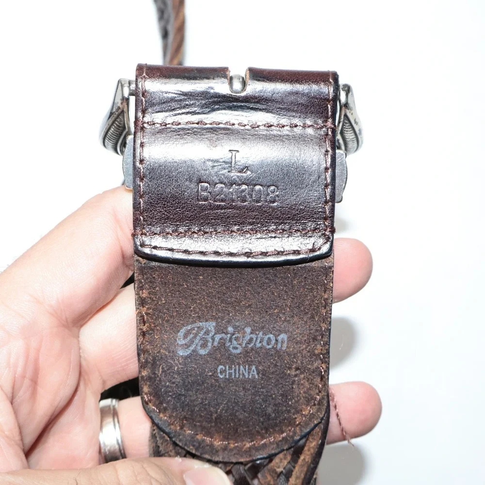 Brighton Leather Woven Belt Women Size‎ L Silver Tone Buckle Brown Boho SEE